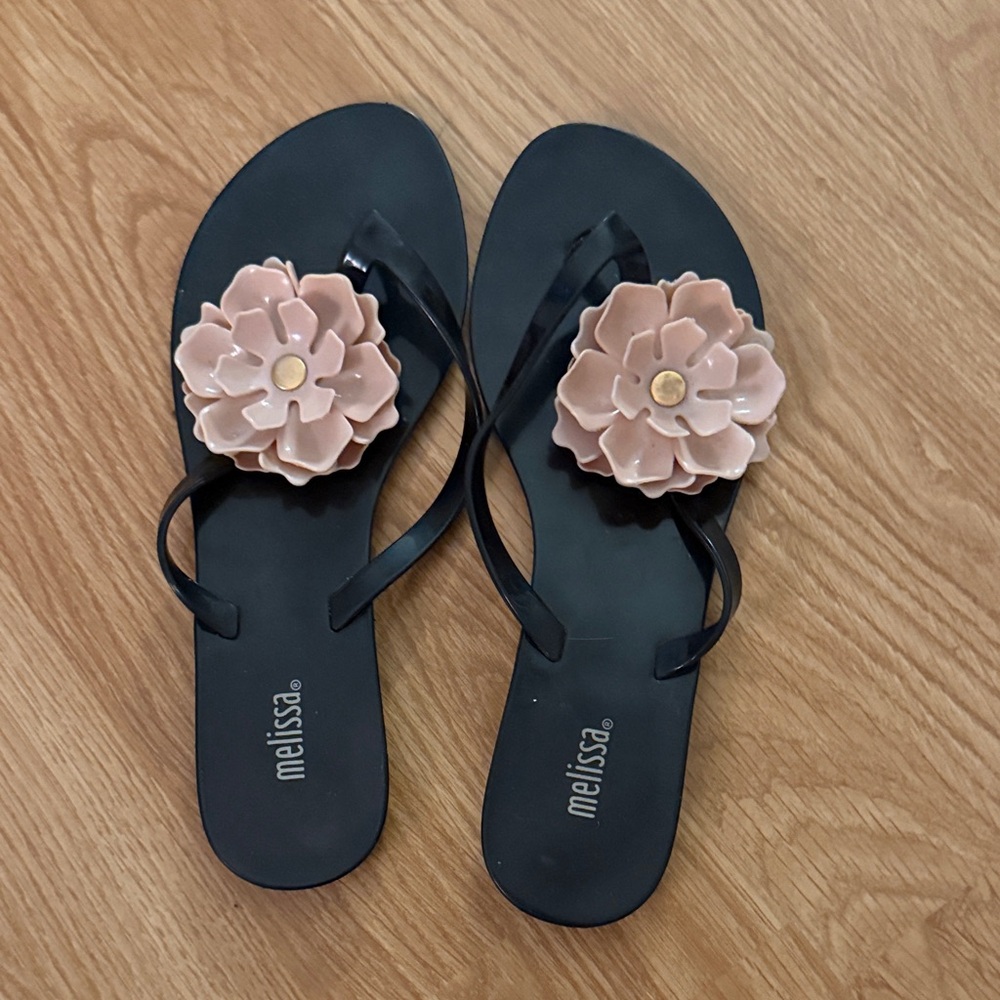Melissa Black Sandals with Pink Floral Accent